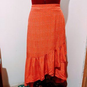 GAP Red and White A-Line Midi Skirt with Ruffled High-Low Hem